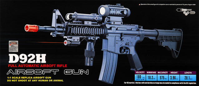 Well D92H M4 RIS Auto Airsoft Electric Gun Plastic Gear w/ Flashlight, Laser, Scope, Vertical Grip, Adjustable LE Stock